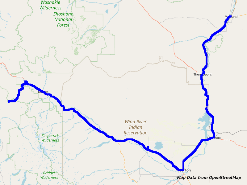 Map Worland to Dubois and Union Pass