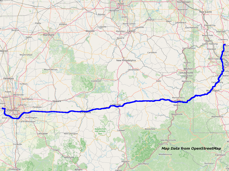 Karte Pittsburgh nach Columbus