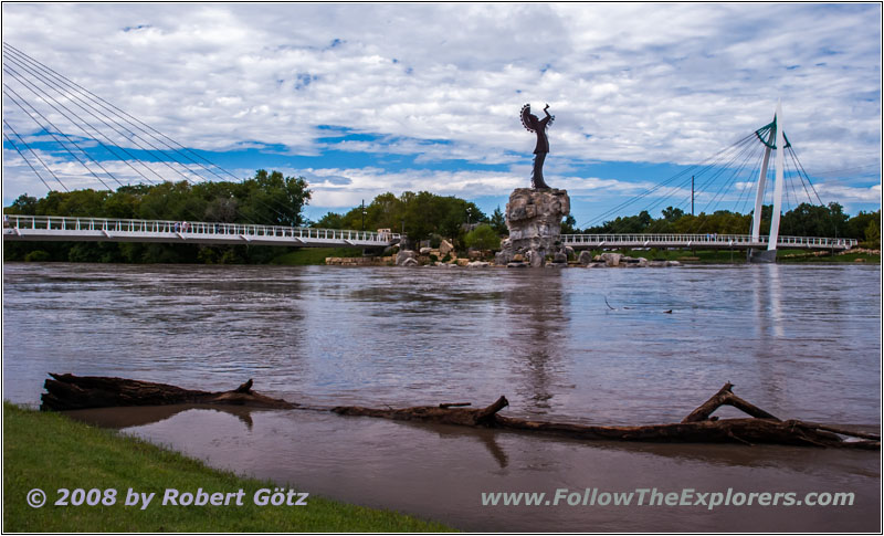 Flooded River Walk, Keeper of the Plains, Arkansas River, Wichita, KS Flooded River Walk, Keeper of the Plains, Arkansas River, Wichita, KS